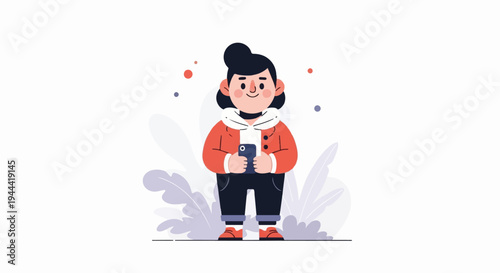 A person in a red jacket holds a phone, surrounded by abstract leaves and dots