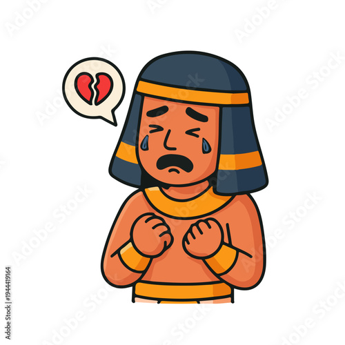 Sad Egyptian character crying illustration. Cute ancient Egypt cartoon man heartbroken. Pharaoh man with tearful expression design.