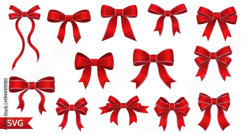 Collection of Red Christmas Gift Bows Isolated on White Background