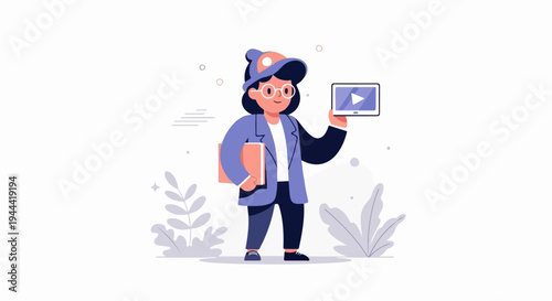 A character in a hat, glasses, and blazer holds a tablet and book amidst a minimalist background with plants