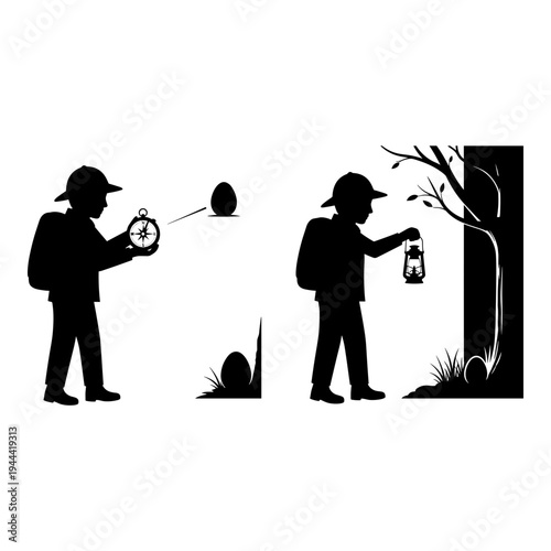 Children exploring time and nature with unique tools Vector, illustration