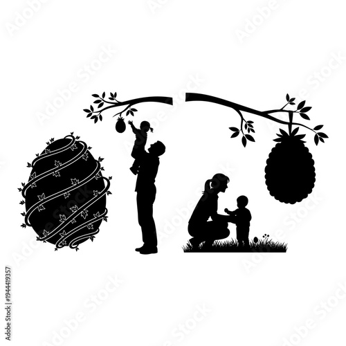 Intergenerational wisdom and learning through nature depicted with silhouettes Vector, illustration