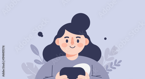 Friendly cartoon person with dark hair and a smile looks down at a dark smartphone