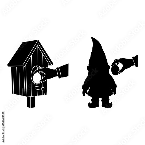 Gnome and a hand placing a coin into a miniature house. Vector, illustration