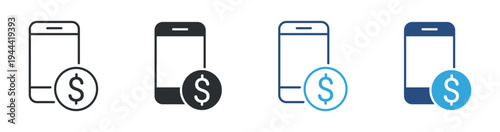 Mobile payment icon set, smartphone with dollar coin icon. Digital banking transaction concept. Online payment symbol. Vector illustration.