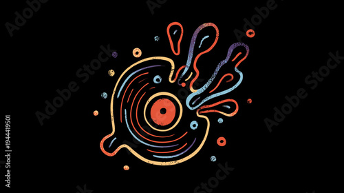 Colorful, textured retro illustration of a stylized vinyl record with splashes on black background
