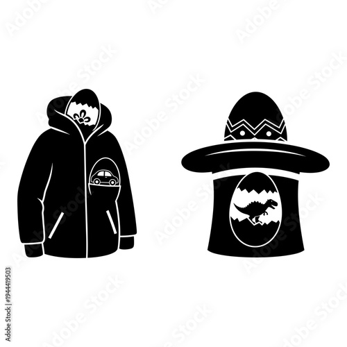 Whimsical black hooded jacket and hat with unique graphic designs Vector, illustration