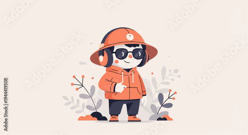 A cartoon child with headphones and sunglasses, dressed in an orange hoodie and hat, stands amidst plants