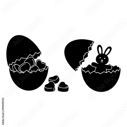 Easter chocolate eggs with a rabbit emerging from one and assorted chocolates nearby Vector, illustration
