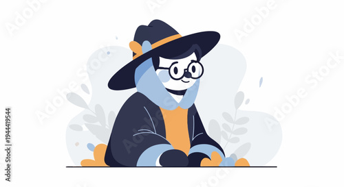 A smiling, bespectacled character in a hat and cloak, set against a minimalist background