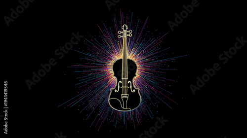 Silhouette of a violin with glowing outline, radiant light burst backdrop, on a stark black background