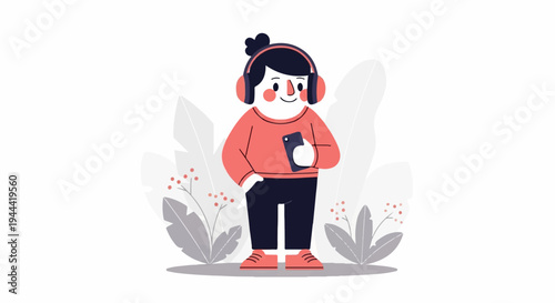 Stylized person with headphones and phone, surrounded by abstract plants