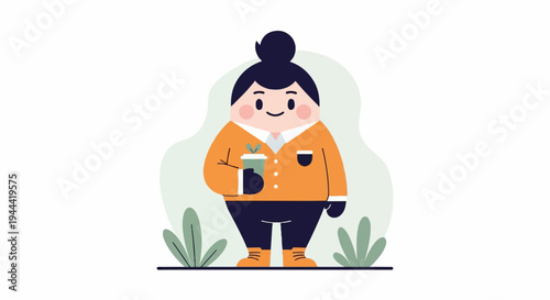 A stylized character in an orange sweater, dark pants, and yellow shoes, holding a green cup with a sprout