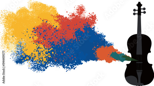 Black silhouette of a stringed instrument with colorful bursts emerging from its sound hole