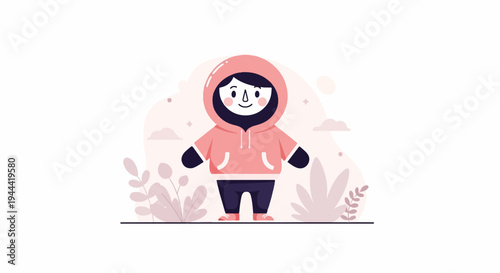 Cute character in pink hoodie with dark pants and small plants