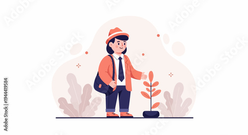Cheerful person in hat and jacket, tending a small plant in a pot