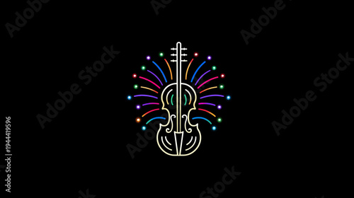 A neon-style illustration of a violin with colorful radial lines and dots on a black backdrop