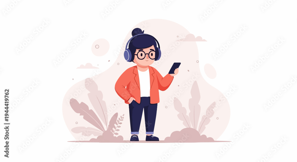 Fototapeta premium Animated character with headphones and phone stands amidst abstract plants