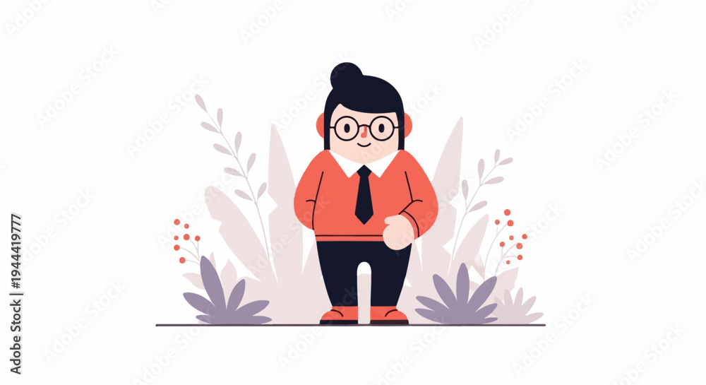 Fototapeta premium Stylized cartoon character in business attire, standing among abstract foliage and berries