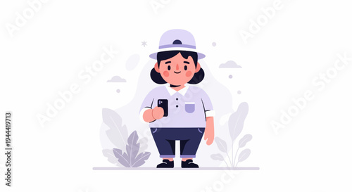 Chubby person in a hat holding a phone amidst abstract leaves and clouds