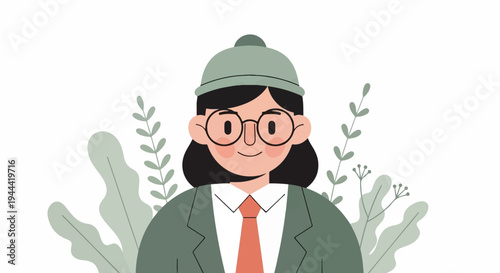 A flat illustration of a person with black hair, glasses, and a green hat, wearing a suit with a red tie, surrounded by green plants