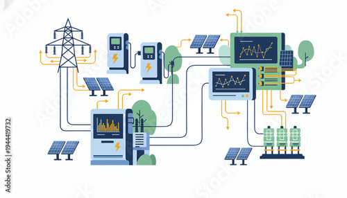 Sustainable energy system with solar panels.