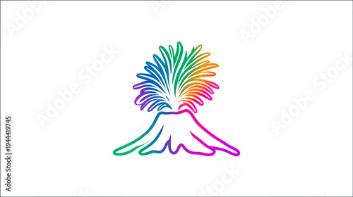 A stylized illustration depicting a volcano erupting with a colorful explosion
