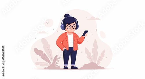 Animated character with headphones and phone stands amidst abstract plants