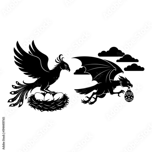 Mythical creatures guarding eggs beneath a sky with clouds Vector, illustration