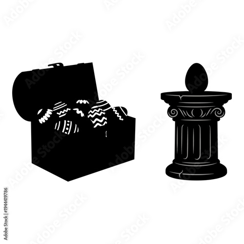 Classic treasure chest and ancient column with egg-shaped top Vector, illustration