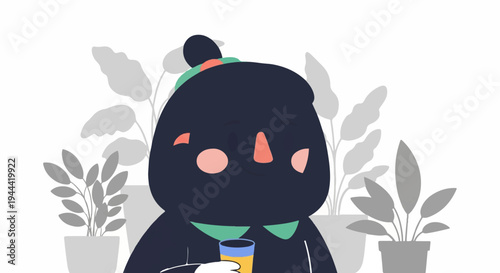 A dark, blob-like character with rosy cheeks holds a beverage amidst potted plants
