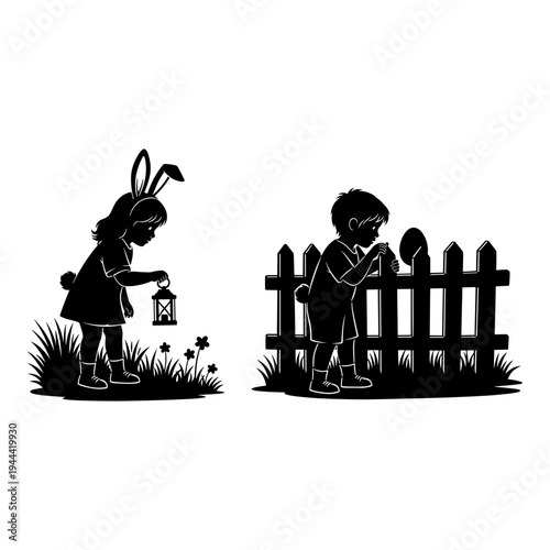 A child and bunny share a quiet moment with lanterns and a fence. Vector, illustration