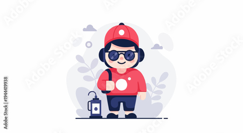 A stylized child wearing a cap, headphones, and sunglasses, holding a bag