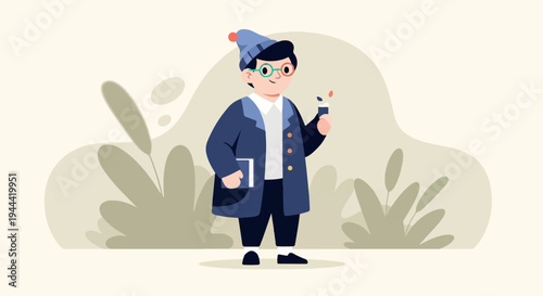 A cartoon boy in winter clothes with glasses, holding a book and a paintbrush