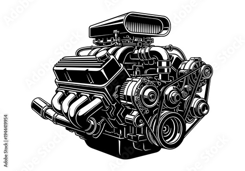 Supercharged V8 Engine Vector Silhouette Isolated on White Background