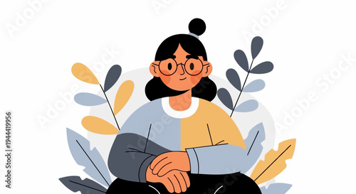 A woman with glasses and a bun hairstyle sits peacefully surrounded by abstract foliage
