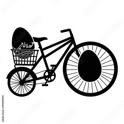 A stylish bicycle with a large rear wheel and a front basket carrying an umbrella. Vector, illustration