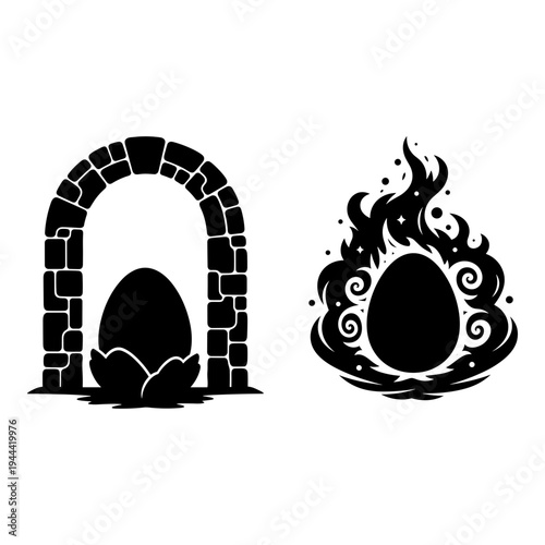 Contrast of dragon eggs in fire and stone archway settings Vector, illustration