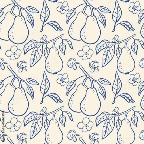 Seamless vector pattern featuring hand drawn pears with leaves and flowers in blue monochrome style.