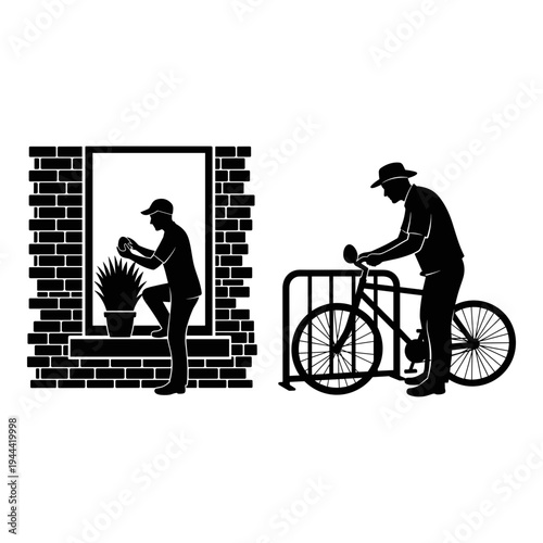 Two men engaged in gardening and bicycle maintenance tasks outside homes Vector, illustration
