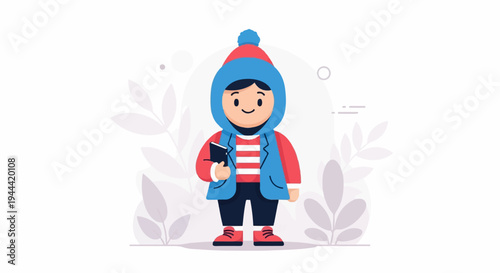 A cheerful cartoon character in a winter hat and coat, holding a book