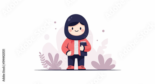 A cartoon child in a hijab and jacket holds a book, surrounded by abstract plant shapes