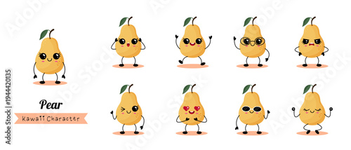 Collection of cute pear characters expressing diverse emotions and poses