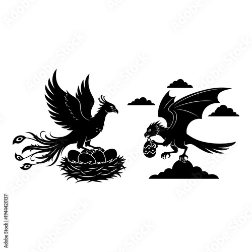 Mythical creatures: phoenix and griffin in heraldic style Vector, illustration