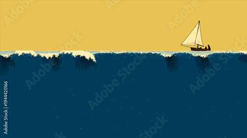 Simplified coastal illustration featuring a sailboat on turbulent water beneath a golden sky