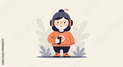 A cheerful cartoon character in headphones and glasses holds a smartphone, surrounded by abstract foliage