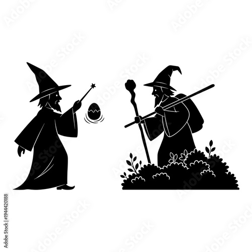 Two wizards engaged in a magical duel with distinct spells and tools Vector, illustration
