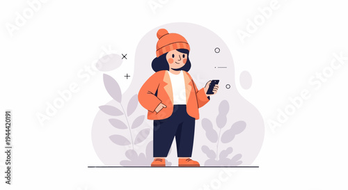 Young person in winter hat and coat looking at their phone, with abstract shapes and foliage