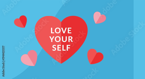 A vibrant composition of red hearts and the message love your self against a blue gradient background silhouette high quality professional