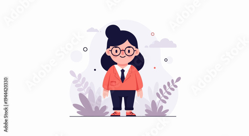 Animated character in business attire with glasses and styled hair